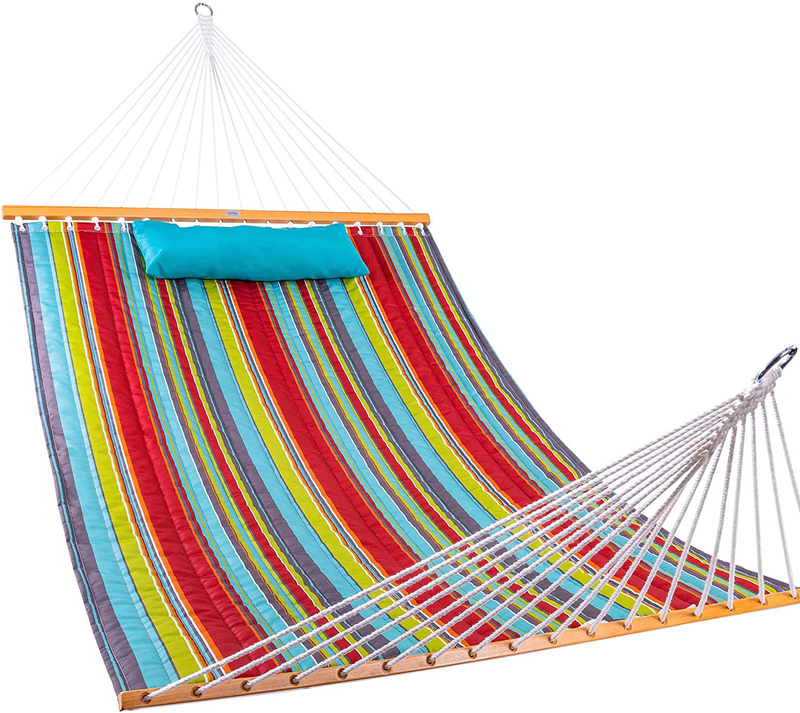 Lazy Daze 12 FT Double Quilted Fabric Hammock with Spreader Bars and Detachable Pillow, 2 Person Hammock for Outdoor Patio Backyard Poolside, 450 LBS Weight Capacity, Dark Cream Home & Garden > Lawn & Garden > Outdoor Living > Hammocks Lazy Daze Hammocks Blue&red Stripes  