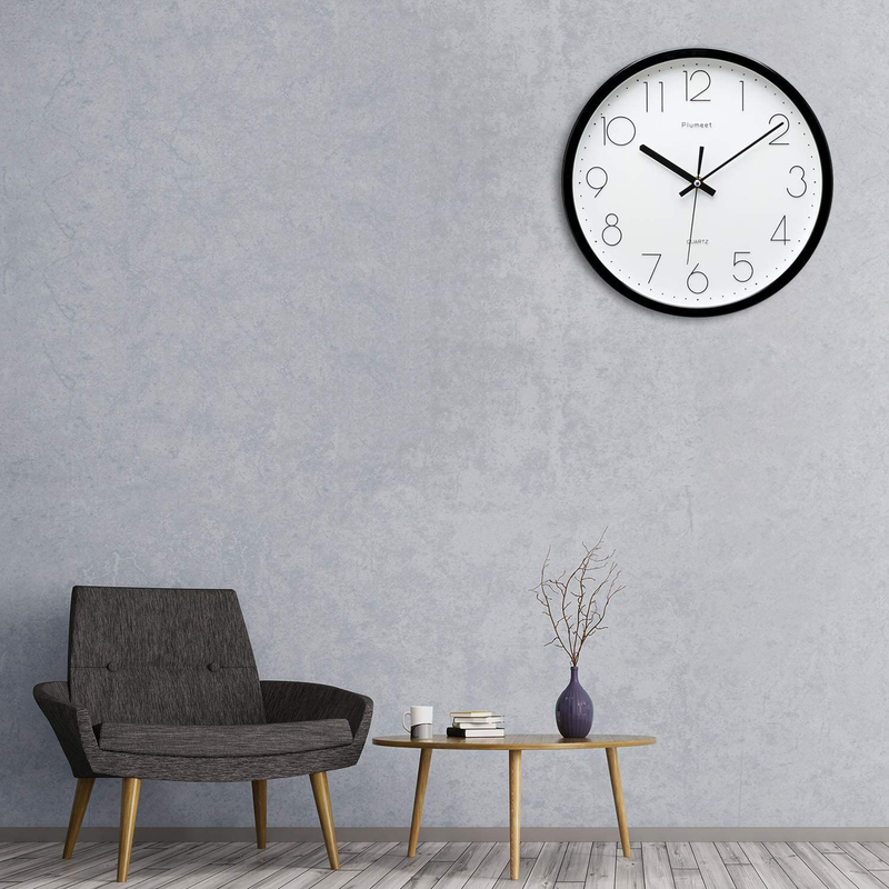 Plumeet Black Silent Wall Clocks - Non Ticking Quartz Round Clock Decorate Bedroom Home Kitchen Office - Battery Operated (White Face) Home & Garden > Decor > Clocks > Wall Clocks Elemall   