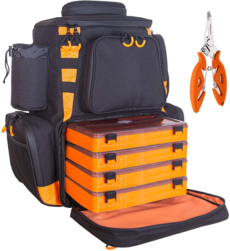 etacklepro Fishing Backpack Waterproof Tackle Bag with Protective Rain Cover Includes 4 Tackle Boxes Stainless Steel Fishing Pliers and Lanyard Sporting Goods > Outdoor Recreation > Fishing > Fishing Tackle etacklepro Black | Orange  