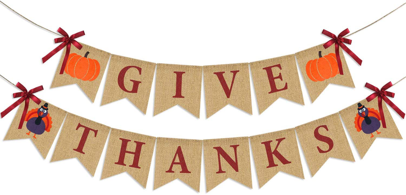 Give Thanks Burlap Banner| ThanksGiving Burlap Banner Thanksgiving Decorations| Rustic Thanksgiving Turkey Pumpkin Bunting| Thanksgiving Party Supplies Fireplace Mantle Decor