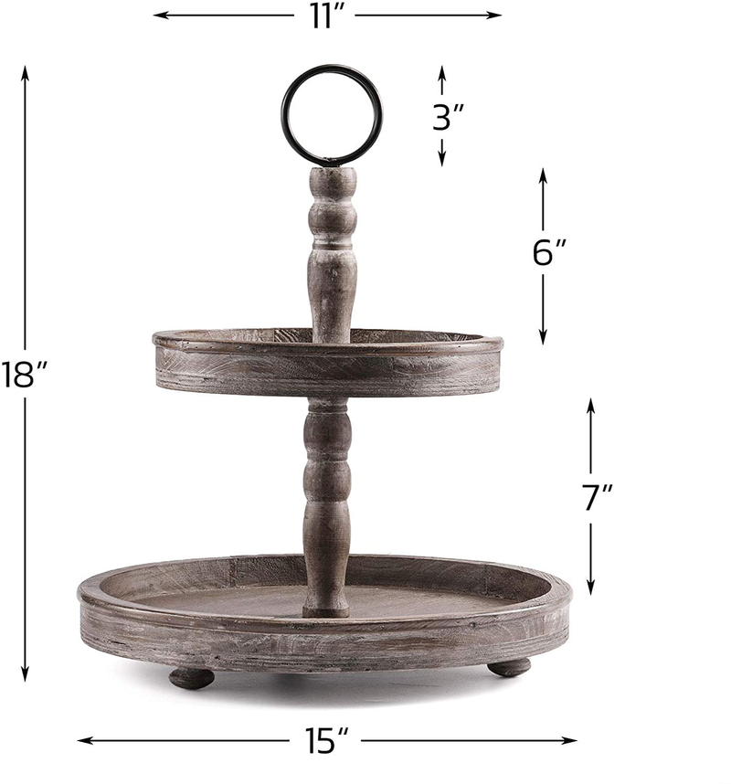 HYGGEISM Two Tier Tray Distressed Wood 2 Tiered Serving Tray Farmhouse, Decorative Wooden Rustic Cake Stand for Kitchen Counter Table, Halloween Decor (Round Handle) Home & Garden > Decor > Decorative Trays HYGGEISM   