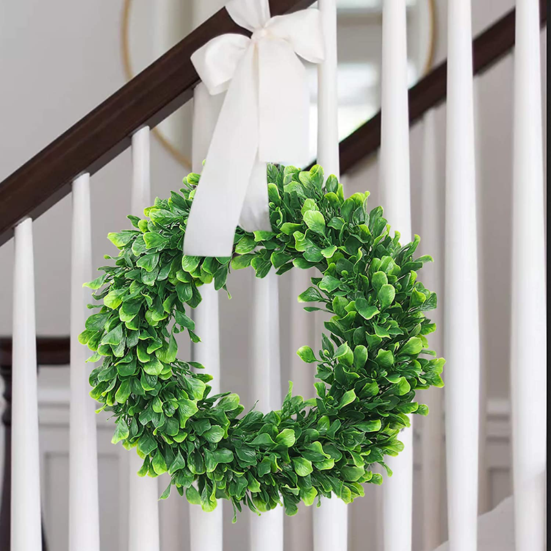 Eladeco Faux Boxwood Wreath 15" Artificial Green Leaves Wreath for Front Door Hanging Wall Window Wedding Party Decoration Home & Garden > Decor > Seasonal & Holiday Decorations ElaDeco   