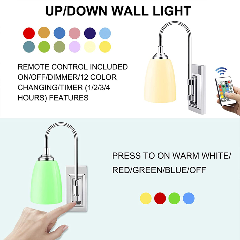LUXSWAY 12 Colors Changing Wall Lamp Battery Operated, Wall Sconce Set of Two with 2 Remote, Wireless beside Wall Lighting Indoor for Bedroom Hallway Home Decor- 2Pack
