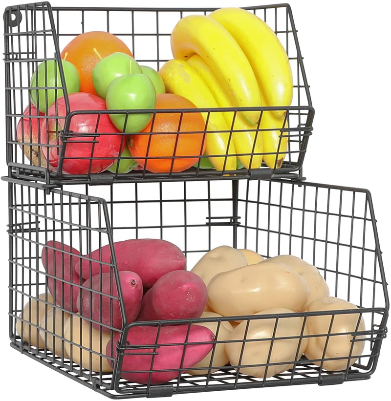Fruit and Vegetable Basket,2-Tier Wall-Mounted & Countertop Tiered Baskets for Potato Onion Storage,Stackable Kitchen Wire Storage Baskets for Fruit Veggies Produce Snack Canned Foods,Black