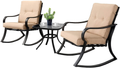 SOLAURA 3-Piece Outdoor Rocking Chairs Bistro Set, Black Steel Patio Furniture with Brown Thickened Cushion & Glass-Top Coffee Table Sporting Goods > Outdoor Recreation > Camping & Hiking > Camp Furniture SOLAURA Brown  