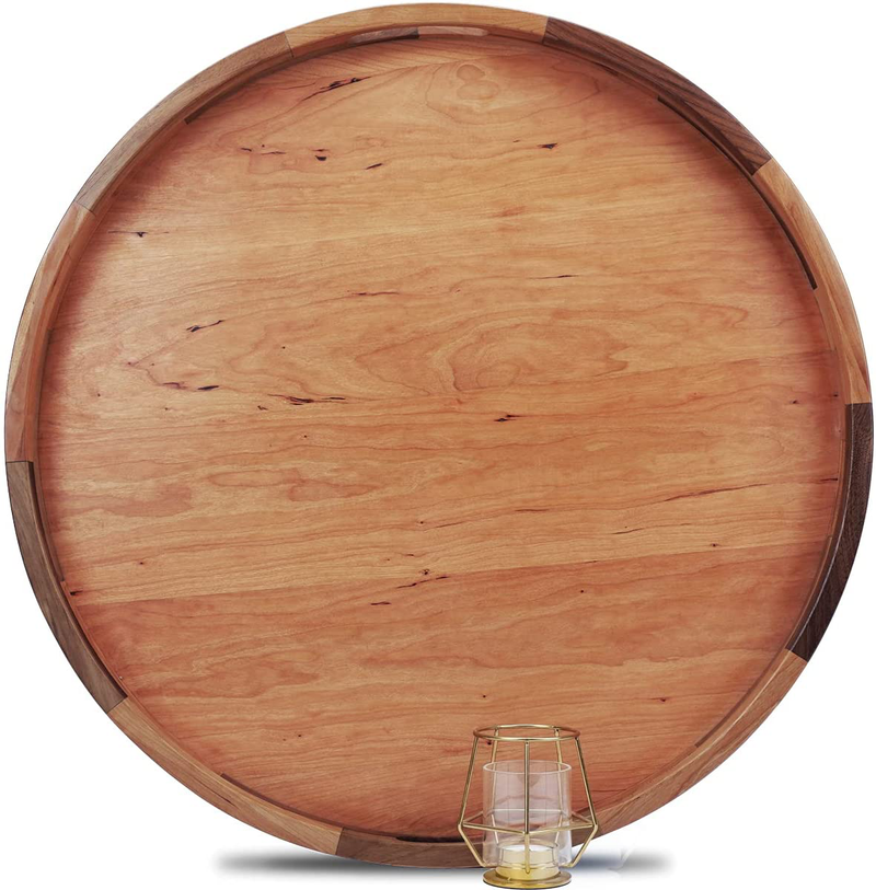MAGIGO 24 Inches Large Round Cherry Wood Ottoman Tray with Handles, Serve Tea, Coffee or Breakfast in Bed, Classic Circular Wooden Decorative Serving Tray Home & Garden > Decor > Decorative Trays MAGIGO Cherry Wood  
