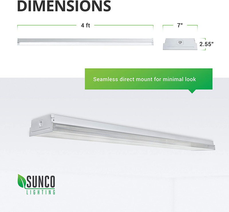 Sunco Lighting 7” Wraparound 4FT LED Shop Light Fixture, Linkable Garage LED Ceiling Lights, 50W, 6500 LM, 5000K Daylight, Integrated LED, Prismatic Lens, Flush Mount Hardwired, ETL 2 Pack