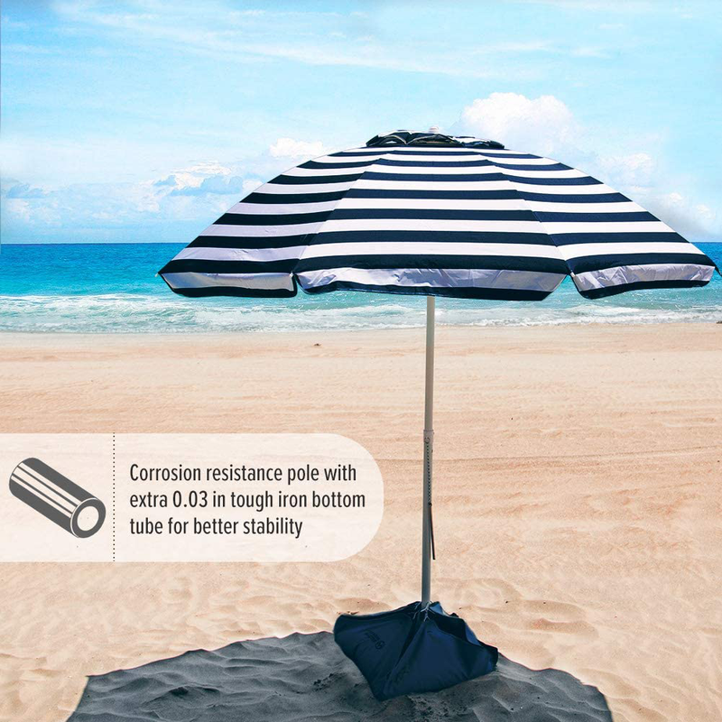 OutdoorMaster Beach Umbrella with Sand Bag - 6.5ft Beach Umbrella with Sand Anchor, UPF 50+ PU Coating with Carry Bag for Patio and Outdoor - Navy Striped