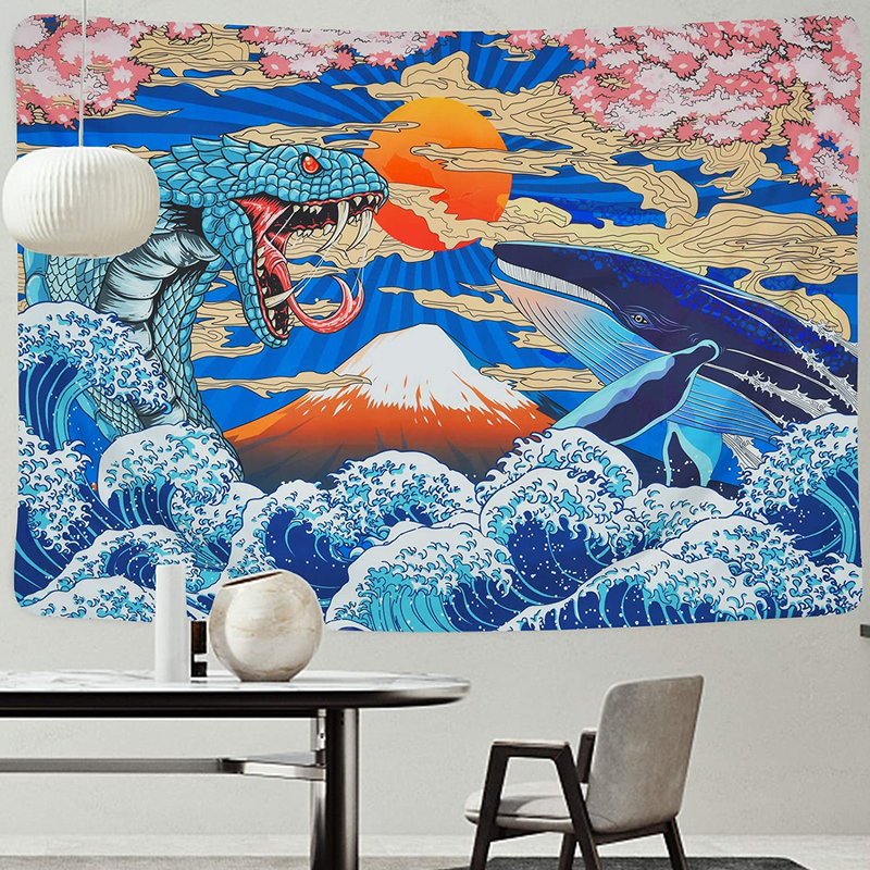 Japanese Tapestry Ocean Wave Tapestry Sunset Tapestry Trippy Snake and Whale Tapestry Anime Tapestry Wall Hanging for Bedroom Living Room (51.2 x 59.1 inches) Home & Garden > Decor > Artwork > Decorative Tapestries Lyacmy   