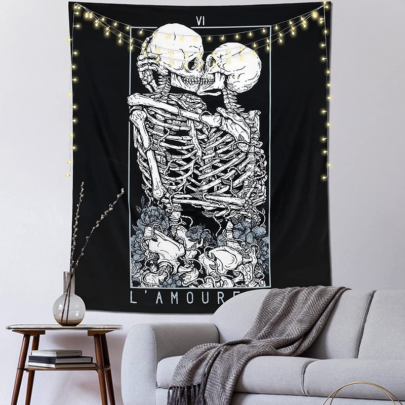 LOMOHOO Skull Tapestry Kissing Lover Black and White Tarot Skeleton Flower Tapestry Wall Hanging Beach Blanket Romantic Bedroom Dorm Home Decor (M:130x150cm/51"x59")