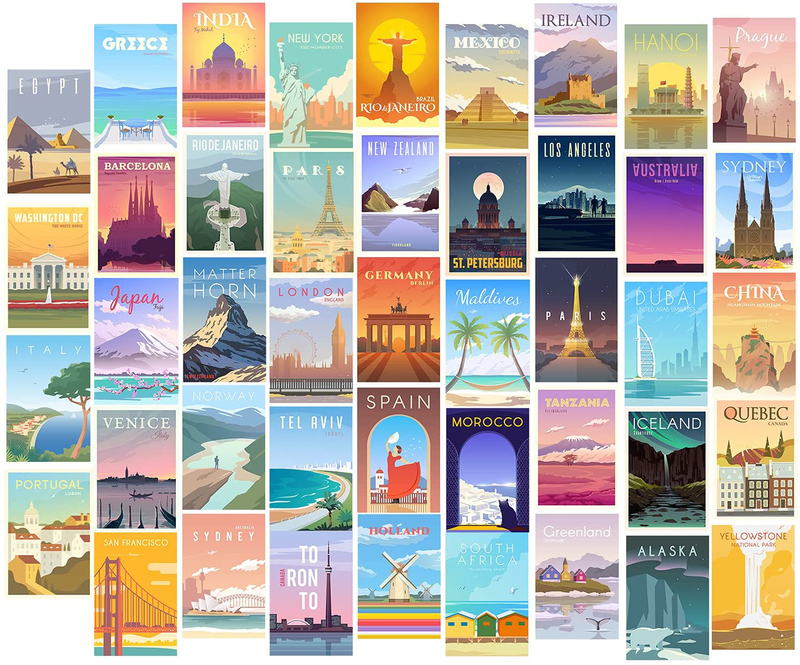 Herzii Prints Vintage Travel City Posters Collage Kit for Wall, 44 Pcs 4X6’’ Size - Trendy Cities Travel Vintage Poster Set - Vintage Wall Collage Kit - Retro Popular Cities Poster for Wall Decor