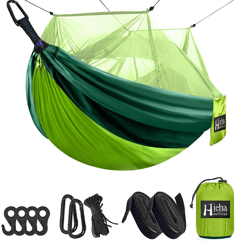 Hieha Camping Hammock with Mosquito Net, Portable Double/Single Travel Hammock w/Bug Insect Netting, Tree Straps & Carabiners for Outdoor Camping, Lightweight Tree Hammocks