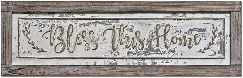 PrideCreation Bless This Home Wall Signs, 36x11 inch Rustic Enamel Wood Framed Metal Wall Hanging Decor Art, Inset Embossed Farmhouse Vintage Decorative Gift for Living Dining Room Bedroom Kitchen Home & Garden > Decor > Artwork > Sculptures & Statues PrideCreation 01- Rustic Bless  