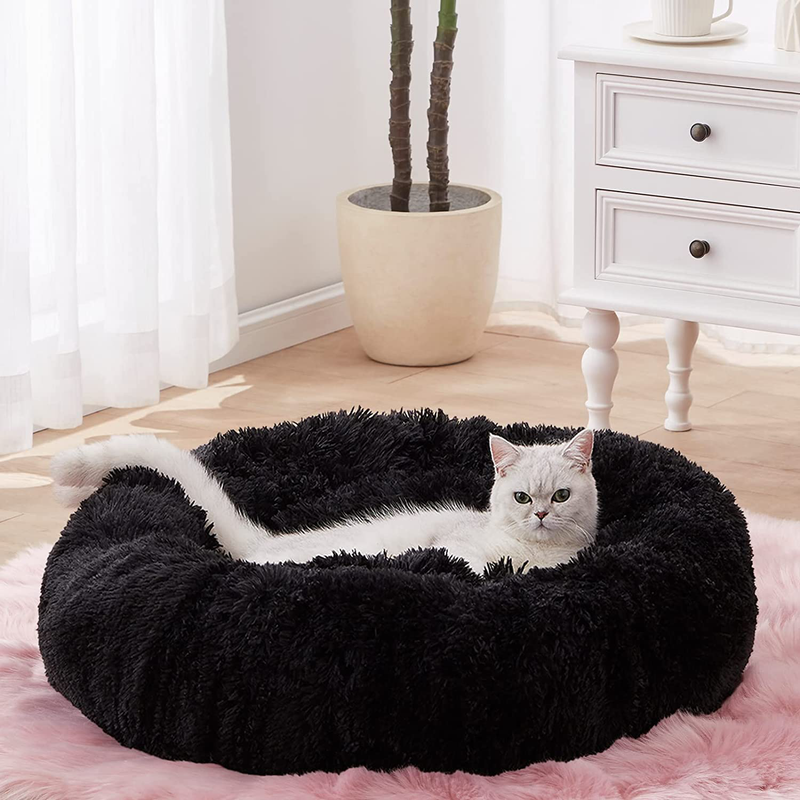 Sunstyle Home Soft Plush round Pet Bed for Cats or Small Dogs Cat Bed Self Warming Autumn Winter Indoor Sleeping Cozy Pet Bed for Small Dogs and Cats Donut anti Slip Bottom Animals & Pet Supplies > Pet Supplies > Cat Supplies > Cat Beds SunStyle Home Black S(20"x20") 