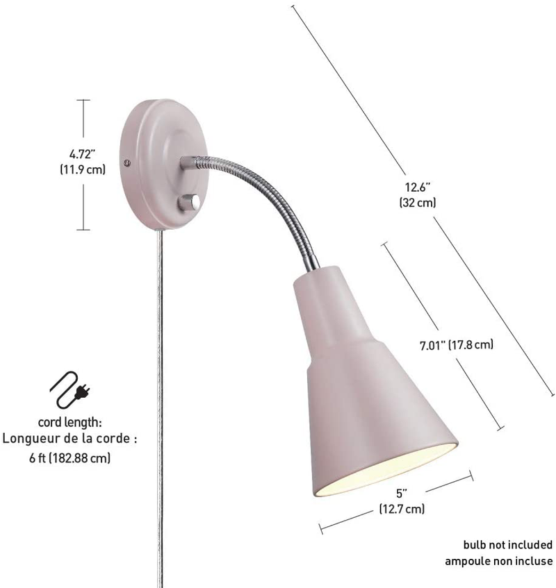 Globe Electric 13064 Sophie 1-Light Plug-In or Hardwire Wall Sconce, Chrome Gooseneck, Matte Rose, 6Ft Clear Cord