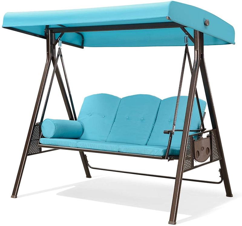 PURPLE LEAF 2-Seat Deluxe Outdoor Patio Porch Swing with Weather Resistant Steel Frame, Adjustable Tilt Canopy, Cushions and Pillow Included, Beige Home & Garden > Lawn & Garden > Outdoor Living > Porch Swings PURPLE LEAF Turquoise Blue 74.4"(W) X 50.3"(D) 
