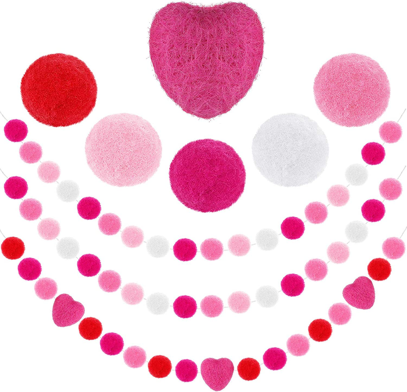 Tatuo 3 Pieces Valentine'S Day Wool Felt Ball Garland 6.56 Ft Valentines Pom Pom Garland Banner Felt Heart Hanging Garland for Valentine'S Day Wall Indoor Outdoor Home Party Supplies Arts & Entertainment > Party & Celebration > Party Supplies Tatuo Romantic Colors  