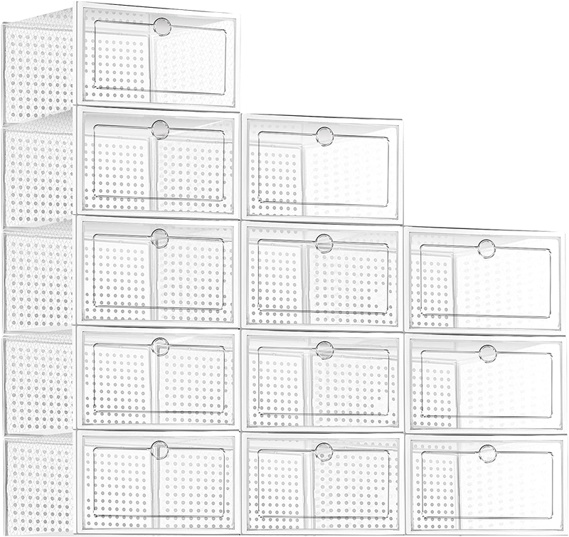 Hsuford 12 Pack Shoe Storage Boxes , Clear Plastic Stackable Shoe Organizer for Closet, Drawer Type Front Opening Shoe Organizer， Sneaker Storage Box, Fit for US Size 9 Man /Size 10 Women