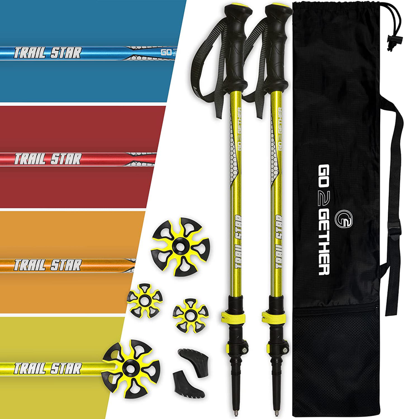 G2 Hiker Trekking Hiking Poles Telescopic / Aluminum Alloy / Comfort BMM Handle / Foam Padded Wrist Strap/ Auto-Adjustable Strap / Quick Flip Lock / Snow Baskets Attached (Pack of 2 Poles), Orange/Blue/Yellow/Red Available