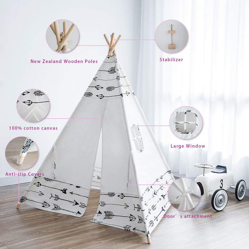 Teepee Tent for Kids Foldable Kids Play Tent for Girl and Boy with Carry Case & Bunting Room Decor Indoor & Outdoor Cotton Canvas Teepee Sporting Goods > Outdoor Recreation > Camping & Hiking > Tent Accessories Myshle   