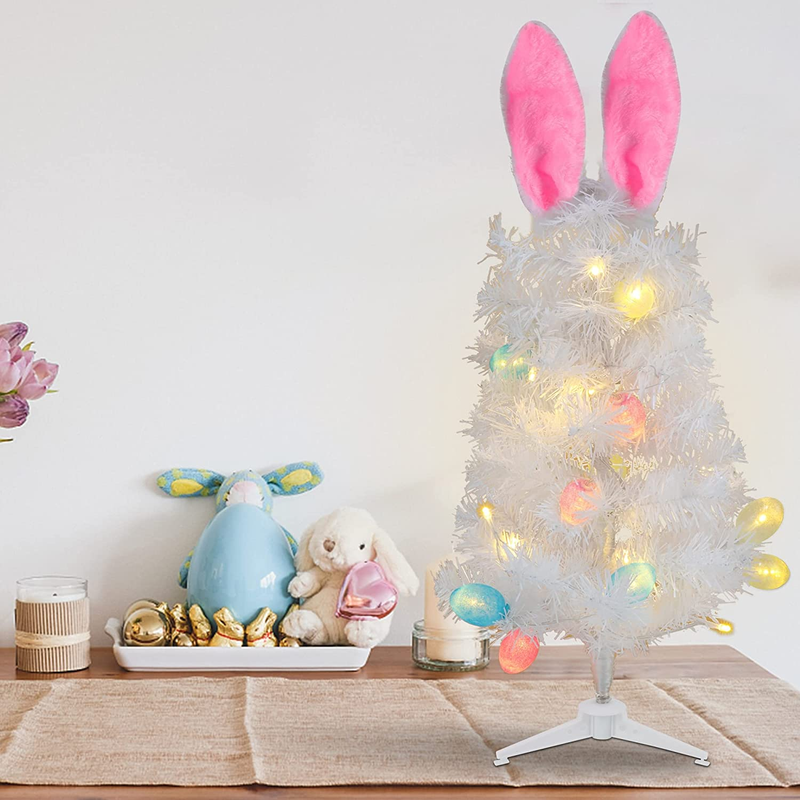 Dynaming Easter Table Decorations, 23 Inch Lighted Easter Bunny White Tree, Pre-Lit Artificial Tabletop Tree with Bunny Ears and Eggs, Battery Operated Light up for Indoor Spring Home Bedroom Decor