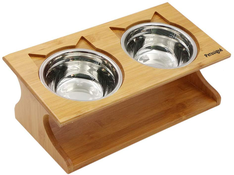 Petsoigné Cat Bowls Pet Dining Table with Raised Slope Wooden Stand Elevated Pet Bowls with Oblique Stand for Cats, Dogs, Kitten and Puppy (3 Bowls, Steel)
