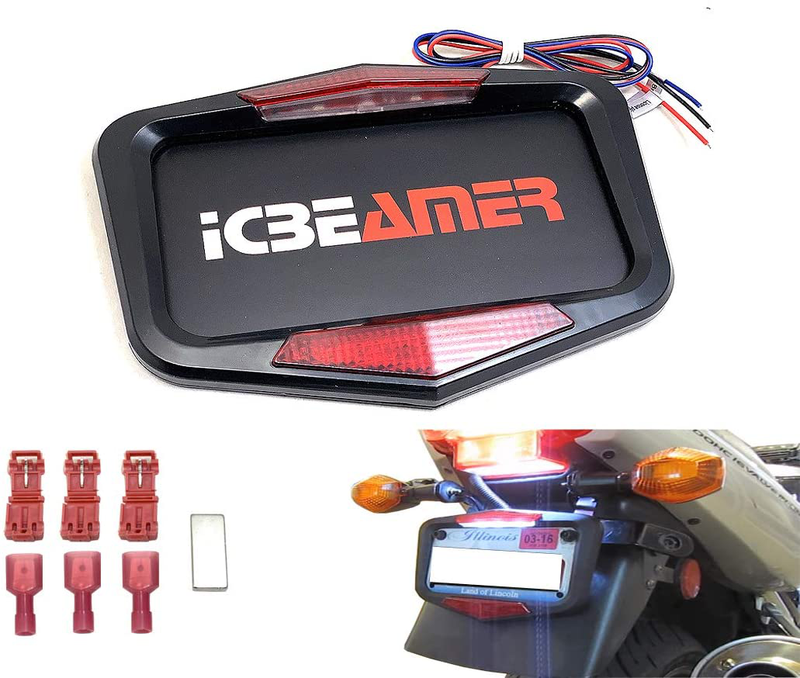 ICBEAMER Waterproof Universal Fit Most Motorcycle License Plate Frame w/ 6+ Flashing LED Tail +Brake Light [Matte Black]  ICBEAMER Black 8" X 5.7" 