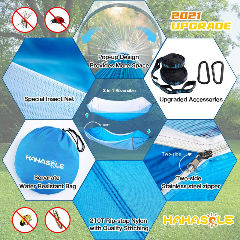 HAHASOLE Camping Hammock with Mosquito Net - Includes Tree Straps & Carabiners - Ripstop Nylon Lightweight & Portable Travel Bed Set with Bug Net for Hiking Backpacking Beach, Easy Setup Outdoor Gear Sporting Goods > Outdoor Recreation > Camping & Hiking > Mosquito Nets & Insect Screens HAHASOLE   