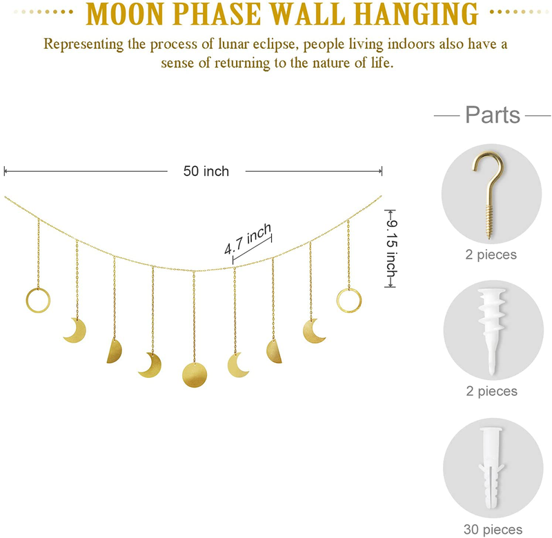 Mkono Moon Phase Wall Hanging Moon Garland Decor Boho Home Decoration Moon Hang Art Ornaments for Bedroom Headboard Living Room Dorm Nursery Apartment Office Mothers Day Gift, Gold, 50"