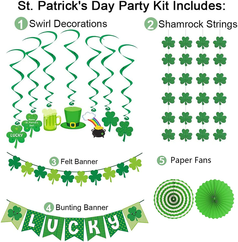 DAZONGE 36Ct St. Patrick'S Day Decorations Pre-Assembled | 14 St. Patrick'S Swirls with Cutouts, 1 'LUCKY' Banner, 1 Felt Shamrock Banner, 4 Strings of Shamrocks, 2 Paper Fans | St. Patty'S Day Party Favors Set