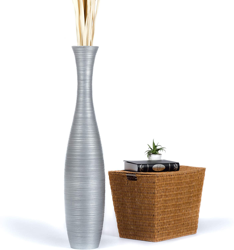 LEEWADEE Large Floor Vase – Handmade Flower Holder Made of Wood, Sophisticated Vessel for Decorative Branches and Dried Flowers, 36 inches, Brown Home & Garden > Decor > Vases LEEWADEE Silver 44 inches 