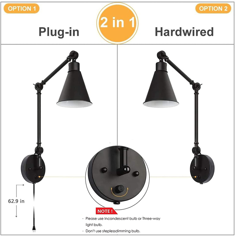 HAITRAL Swing Arm Wall Sconces 2 Pack- Modern Wall Lamps, Dimmable Lamp with Mounted Light Fixtures for Home Decor Headboard Bathroom Bedroom Farmhouse Porch Garage - Black (Bulb Not Included)