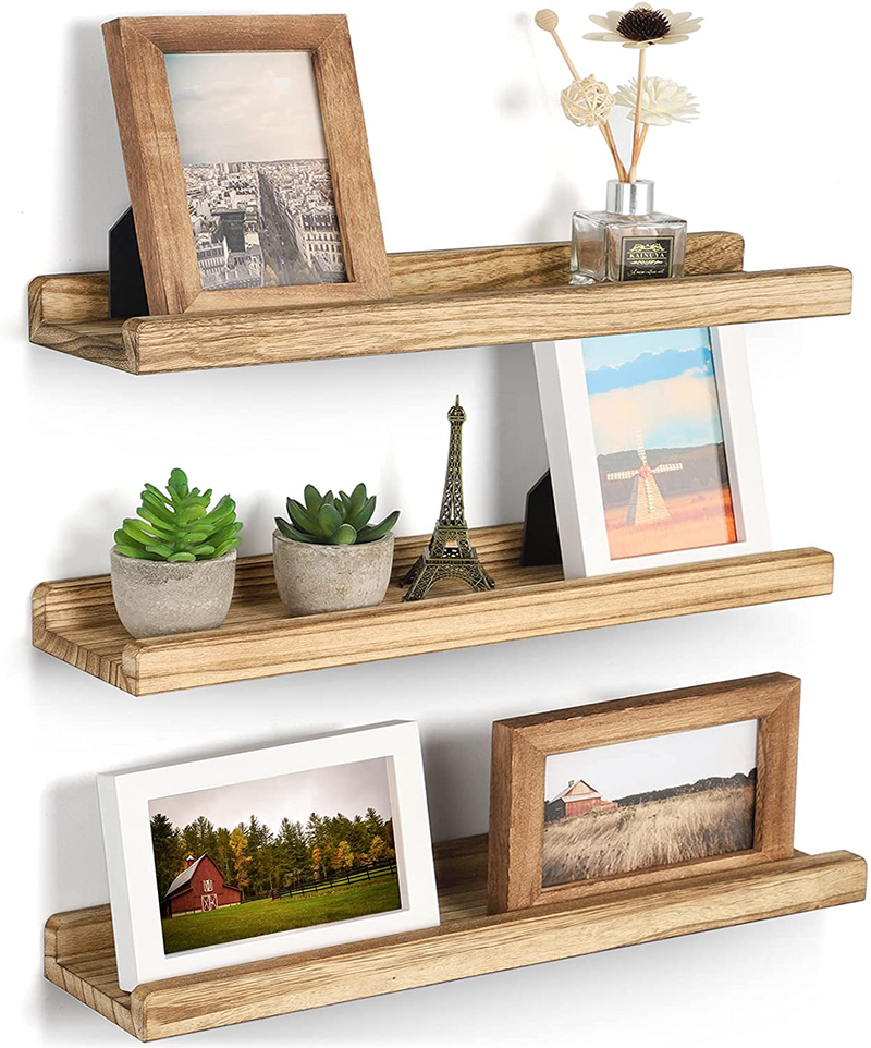 Emfogo Wall Shelves with Ledge 16.9 inch Wood Picture Shelf Rustic Floating Shelves Set of 3 for Storage and Display Carbonized Black Furniture > Shelving > Wall Shelves & Ledges Emfogo Carbonized Black  