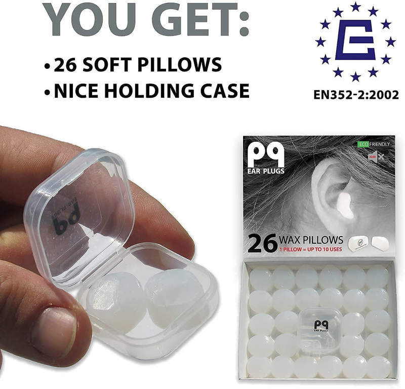 PQ Wax Ear Plugs for Sleep - 26 Silicon Wax Earplugs for Sleeping and Swimming - Gel Ear Plugs for Noise Cancelling & Ear Protection - Sleeping Earplugs with Sound Blocking Level of 32 Db (26-Pillows)