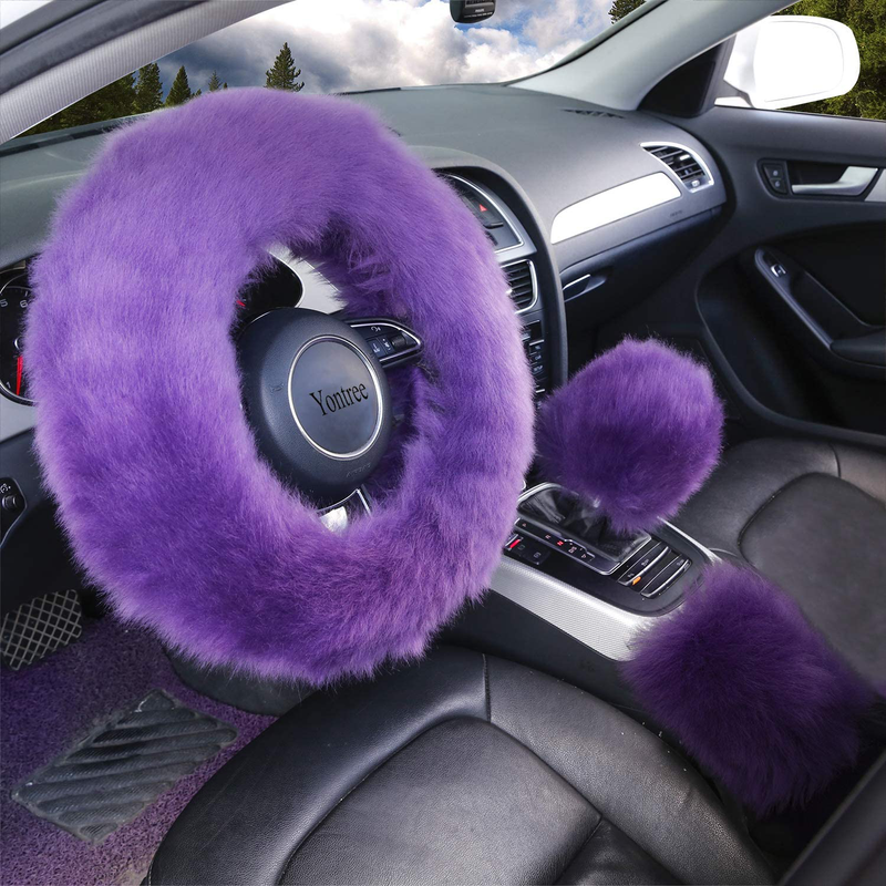 Yontree Fashion Fluffy Steering Wheel Covers for Women/Girls/Ladies Australia Pure Wool 15 Inch 1 Set 3 Pcs (Black) Vehicles & Parts > Vehicle Parts & Accessories > Vehicle Maintenance, Care & Decor > Vehicle Decor > Vehicle Steering Wheel Covers Yontree Purple Long Hair 