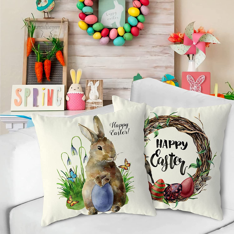 Easter Decorations Bunny Pillow Covers 18X18 Inch Set of 4 for Home Decor Indoor Outdoor,Rabbit Basket Egg Garland Farmhouse Decoration Throw Pillows Cover Spring Decorative Cushion Case Clearance Home & Garden > Decor > Seasonal & Holiday Decorations RioGree   