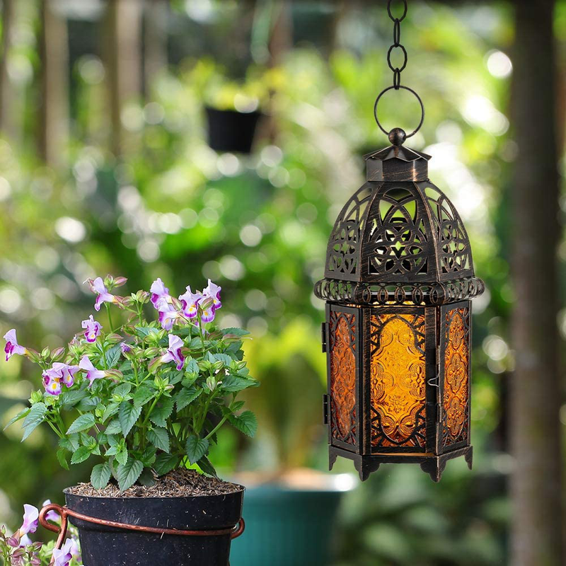 DECORKEY Vintage Large Size Candle Lantern, 12.8inch Moroccan Style Decorative Hanging Lantern, Metal Tabletop Lantern, Halloween Candle Holders for Outdoor Patio (Amber) Home & Garden > Decor > Home Fragrance Accessories > Candle Holders DECORKEY   