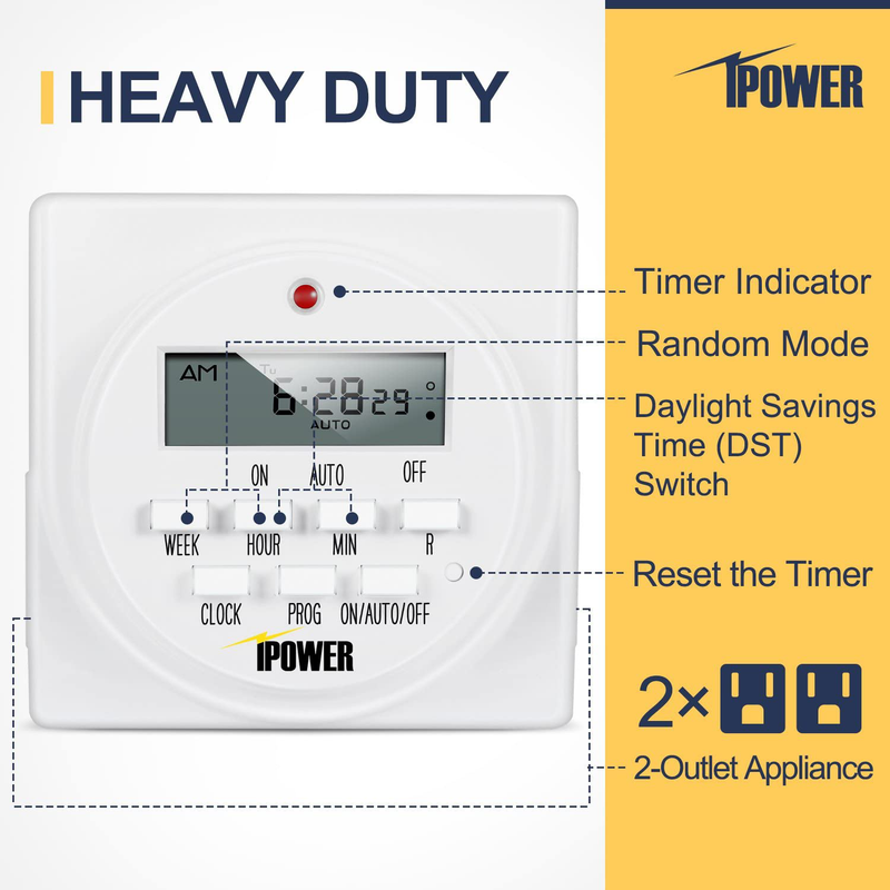 iPower GLTIMEDWEEK-A 7 Day Heavy Duty Digital Programmable Electric Timer, Indoor Dual Outlet Switch for Lights, Appliance, Pool Pump, 125VAC, 15A, 60 Hz, 1725W, ETL Liste, 1 Pack, White Home & Garden > Lighting Accessories > Lighting Timers iPower   