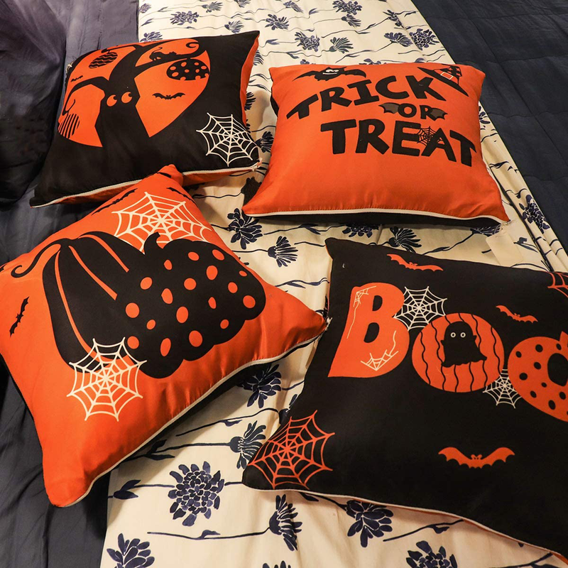 Ivenf Halloween Decoration 18x18 Throw Pillow Cover 4pcs, Orange and Black Pumpkins Bats Boo Decorative Pillow Covers, Halloween Cushion Covers for Home Office Couch Sofa Bed Arts & Entertainment > Party & Celebration > Party Supplies Ivenf   