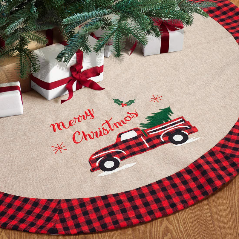 GMOEGEFT Christmas Tree Skirt Burlap with Buffalo Check Trim Rustic Truck and Tree Applique Xmas Home Decoration Ornaments (48 Inches) Home & Garden > Decor > Seasonal & Holiday Decorations& Garden > Decor > Seasonal & Holiday Decorations GMOEGEFT 48 Inches  