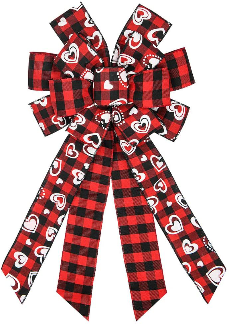 Threetols Large Valentine Wreath Bows, Red and Black Buffalo Plaid Bows for Wreath Valentine'S Day White Heart Decoration Bows Check Bows for Indoor Outdoor Holiday Wedding Party Tree Fence Decoration Home & Garden > Decor > Seasonal & Holiday Decorations Threetols   