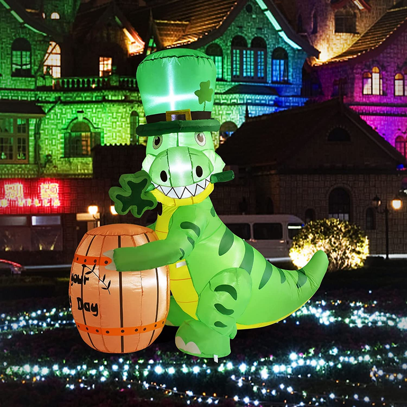 Kyerivs 5.25 Ft St Patricks Day Inflatables Outdoor Decorations Sanit Patricks Blow up Yard Decoration Cute Dinosaur Holding a Drum with Led Lights Dinosaur Inflatable Gift for Kids Lawn Party Decor