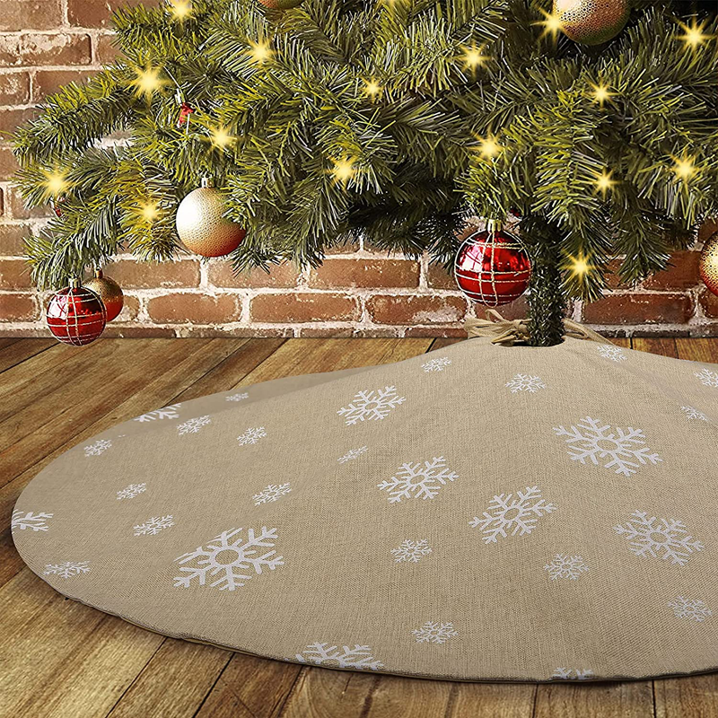 tiosggd Burlap Christmas Tree Skirt, 48 Inch Rustic Natural Jute with Snowflakes Printed Decor, Decoration for Xmas New Year Holiday Decorations Indoor Outdoor Home & Garden > Decor > Seasonal & Holiday Decorations > Christmas Tree Skirts tiosggd Burpla Snowflake  