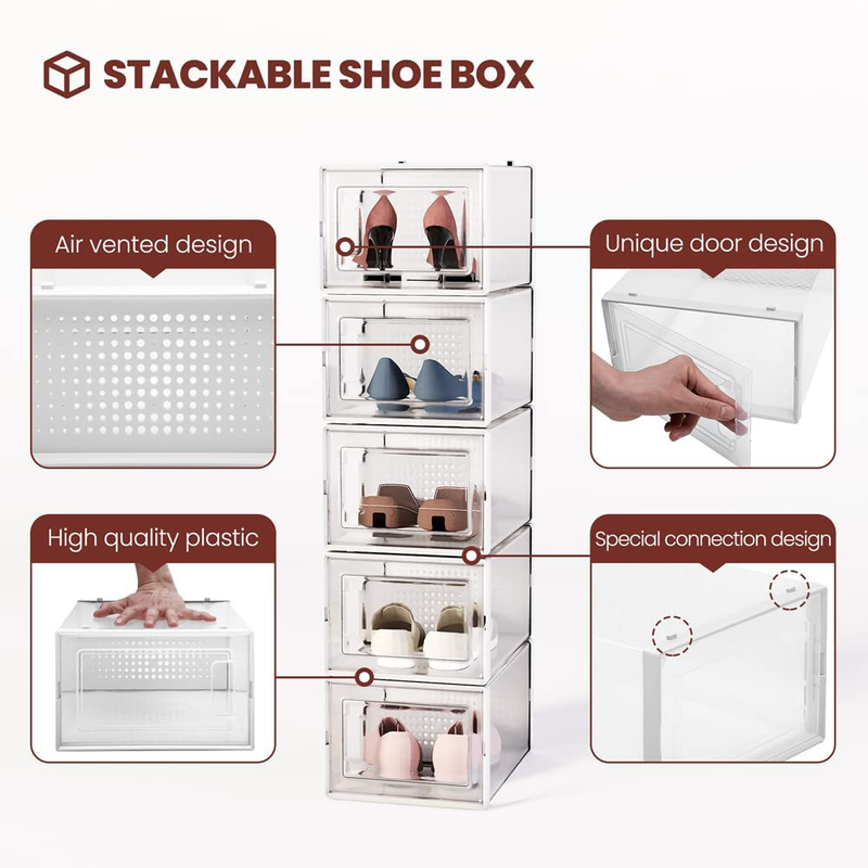Crestlive Products 24 Pack Shoe Storage Box, Plastic Foldable Shoe Box, Stackable Clear Shoe Organizer (X-Large/ White)