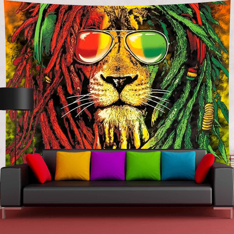 Simsant Rasta Rastafarian Tapestry Lion Head Bob Tapestry Wall Hanging Backdrop for Living Room Bedroom Dorm Psychedelic Decor Tapestry (80"x60") Home & Garden > Decor > Artwork > Decorative Tapestries Simsant 90"x84"  