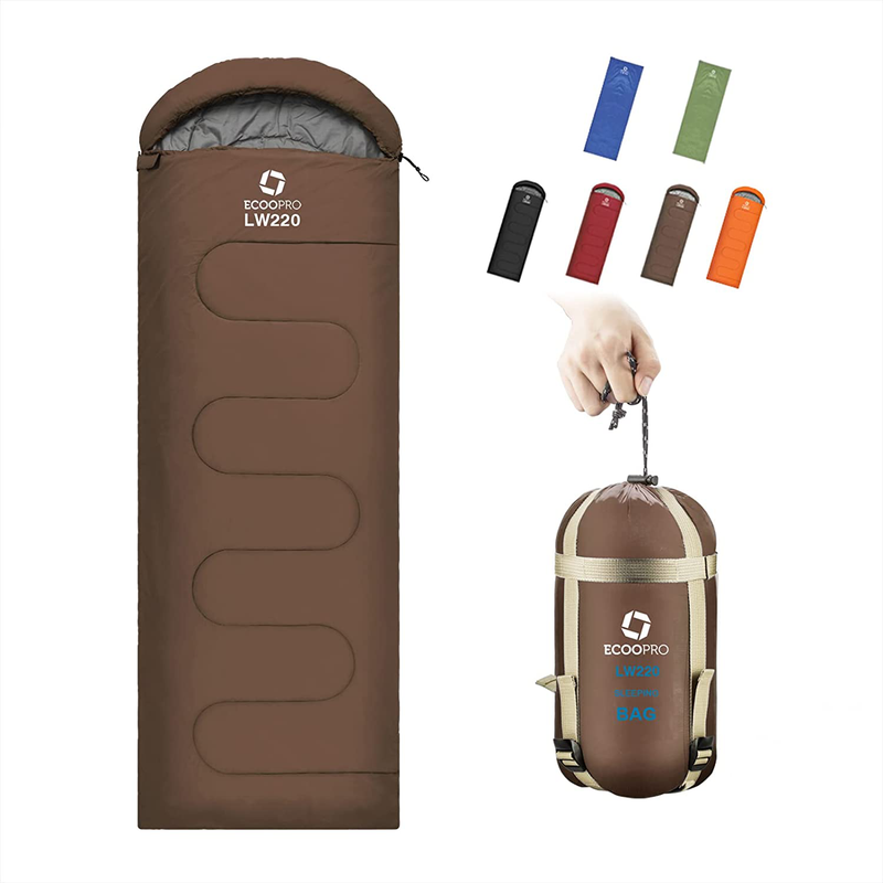 ECOOPRO Warm Weather Sleeping Bag - Portable, Waterproof, Compact Lightweight, Comfort with Compression Sack - Great for Outdoor Camping, Backpacking & Hiking-83 L X 30" W Fits Adults Sporting Goods > Outdoor Recreation > Camping & Hiking > Sleeping Bags ECOOPRO Brown  