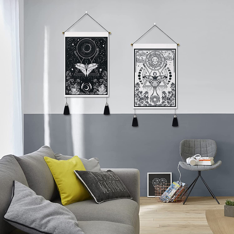 Pack of 2 Tapestry Sun and Moon Tapestry Moth Tapestries Black and White Tapestry Flower Vine Tapestry Wall Hanging for Room (13.8 x 19.7 inches)