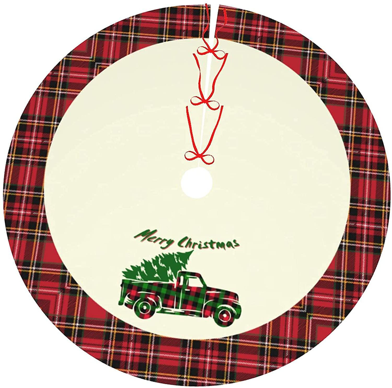Christmas Tree Skirt Ornament Red Buffalo Plaid Rustic Truck Xmas Tree Skirt Clearance for Merry Christmas Happy New Year Holiday Party Decorations 48 Inch Home & Garden > Decor > Seasonal & Holiday Decorations > Christmas Tree Skirts Ceosande   