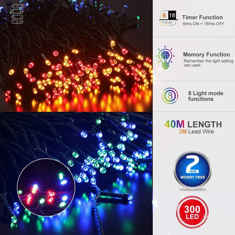 Quntis Battery Operated String Lights - 132FT 300 Leds Valentine Fairy Lights Indoor Outdoor 8 Mode Multicolor Holiday Decoration Twinkle Lights with Timer for Valentines Day Wedding Party Christmas Home & Garden > Decor > Seasonal & Holiday Decorations Quntis   