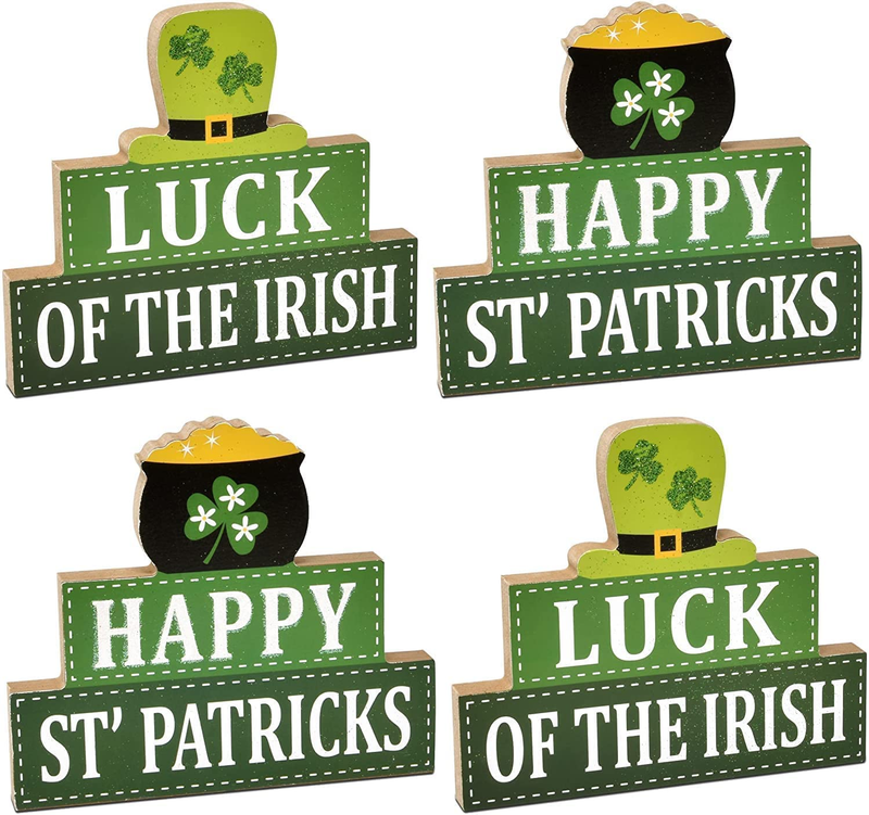 Gift Boutique 4 St Patrick'S Day Wooden Decorations for Table Decor Shamrock Wood Home Figurines Luck Happy St. Patrick Centerpiece for Office Mantle Topper Irish Tabletop Figurine Arts & Entertainment > Party & Celebration > Party Supplies Gift Boutique   